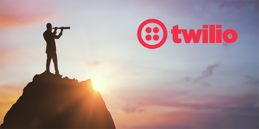 Silhouette of business person with telescope on mountain peak at sunrise, symbolizing vision and leadership in strategic planning and success.