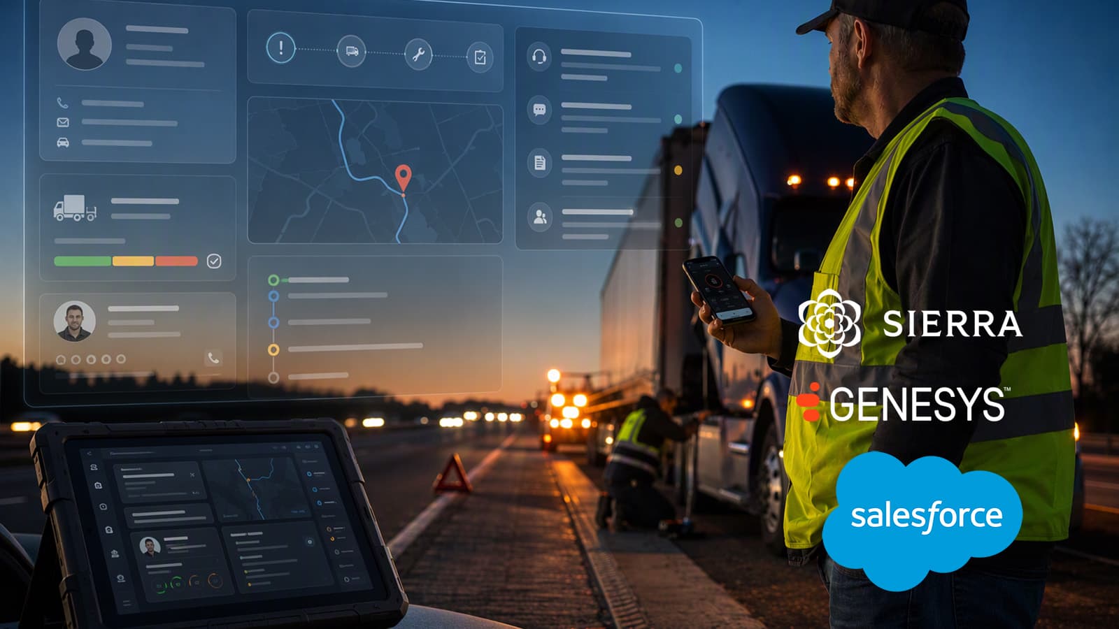 A roadside technician assists a stranded truck driver while a CRM dashboard coordinates the urgent service response.