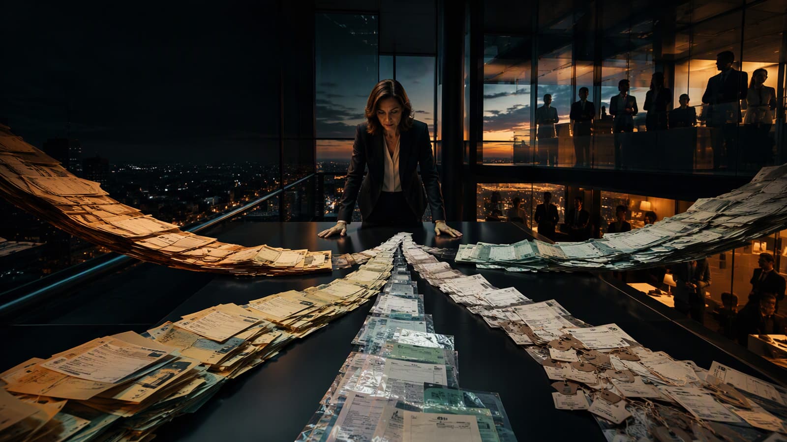 A customer-service leader stands at the centre of an operations room as streams of customer records, consent forms and transaction data converge on a table, illustrating the growing battle to control data used by AI agents.