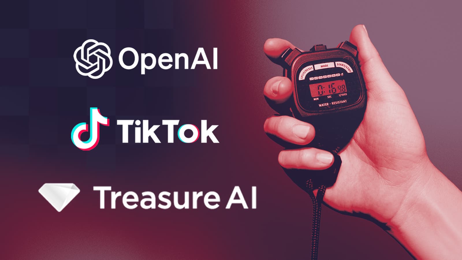 A hand holding a stopwatch with Open Ai, TikTok, and Treasure AI labels overlayed