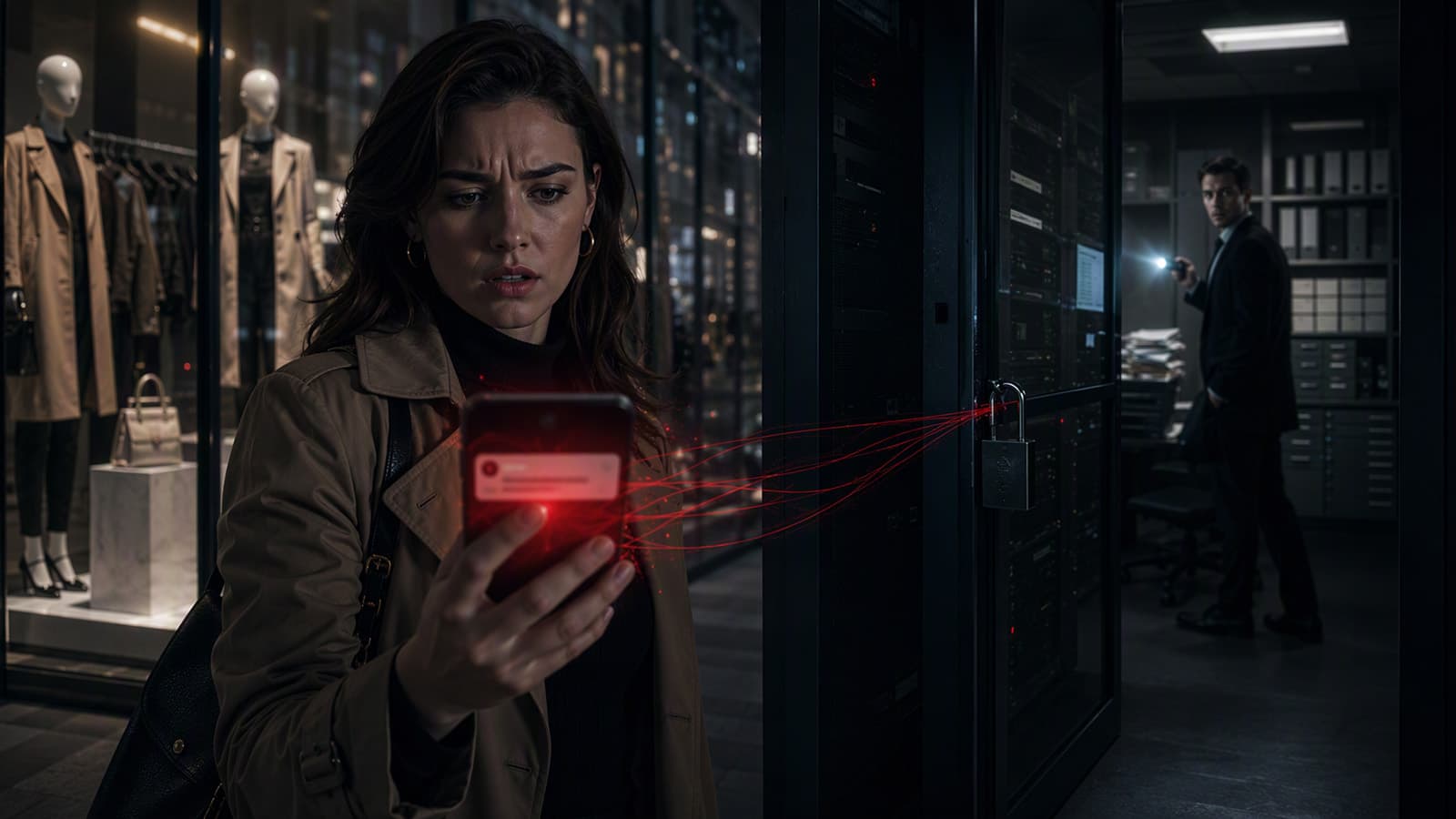 A customer looks alarmed at a suspicious phone notification outside a fashion retailer, while a security specialist examines a darkened back-office doorway.
