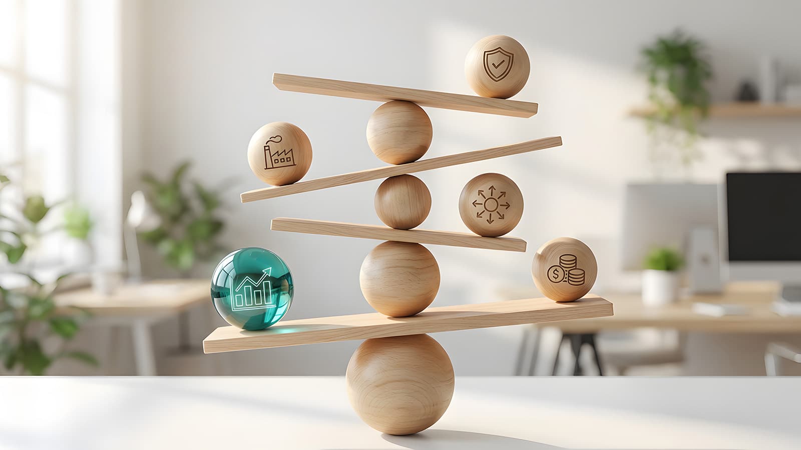 Balanced wooden sculpture with icons of industry security finance and growth.