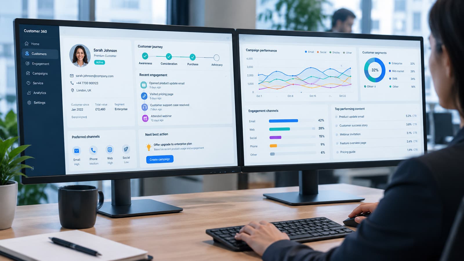 A business professional views customer profiles and engagement analytics across two CRM and marketing dashboards in a modern office.