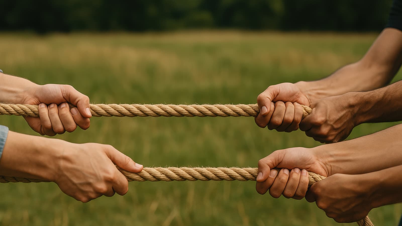 Four hands gripping a thick rope from opposite sides, engaged in a tug-of-war in an outdoor grassy field