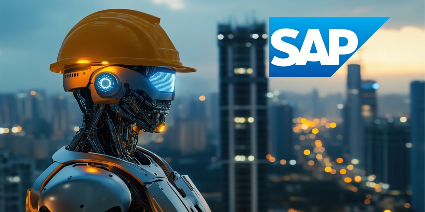 Android, Humanoid, Or Cyborg Engineer Wearing A Hardhat And Holding Construction Tools In Front Of A City Backdrop. Technology And Artificial Intelligence Merging In A Futuristic Scene.