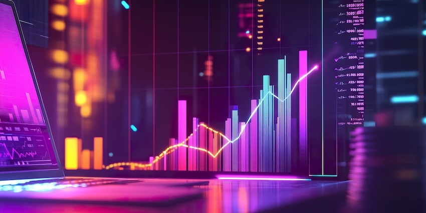 AI-driven analytics dashboard with neon graphs showing rising performance and cost per resolution metrics