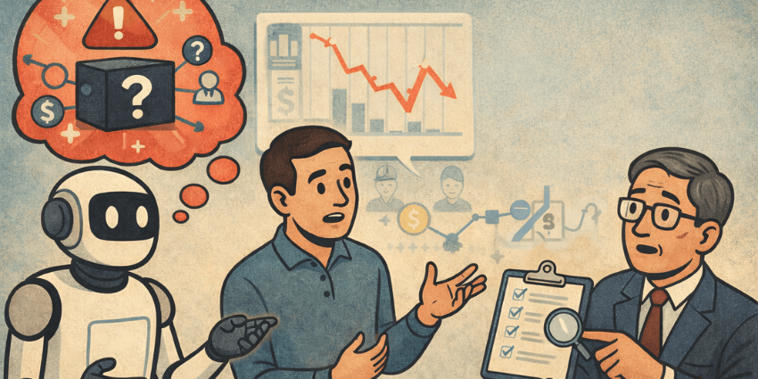 A robot and two businessmen debate the role of AI in a transparent marketing department.