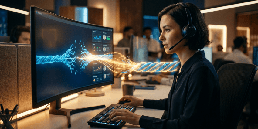 A contact center agent using CX failure management technology to repair a frayed customer relationship and execute a successful customer experience recovery.