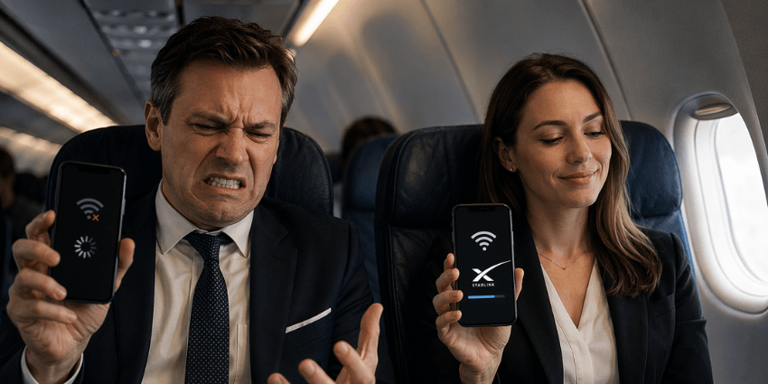 Frustrated passenger unable to load inflight Wi-Fi next to a calm woman using Starlink plane Wi-Fi speed on her phone - the best in-flight internet available in 2026