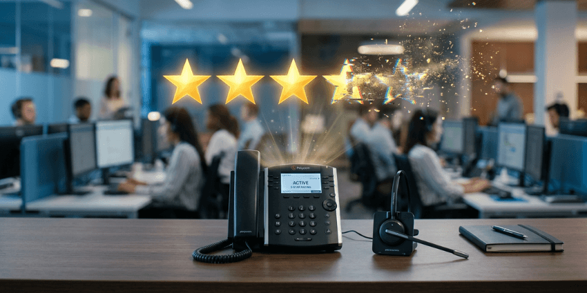 A glitching 5-star rating over a call center headset, illustrating how negative CX performance trends destroy core customer satisfaction drivers.