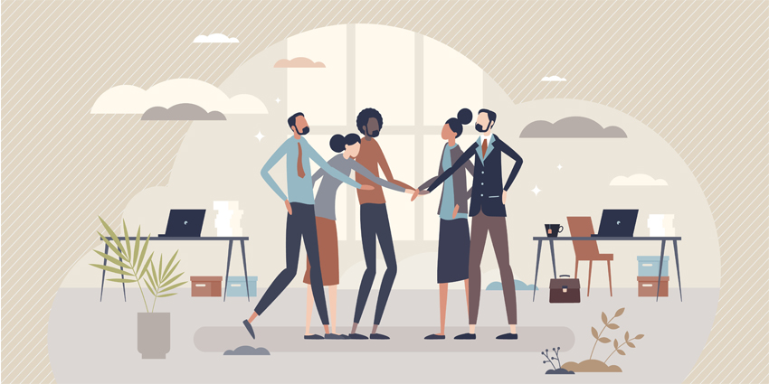 Company culture ideology and multicultural business values tiny person concept. Professional work goals, attitudes and practices vector illustration. Multiracial job community and unity