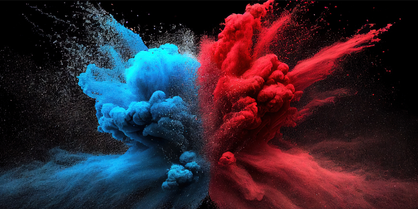 Blue and red powder colliding