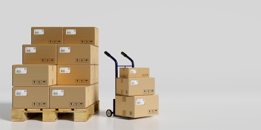 3D rendering, heap of cardboard boxes in the warehouse with a cart in white background