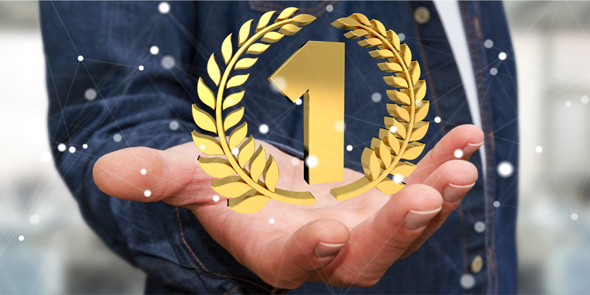 Businessman winning the first golden price 3D rendering
