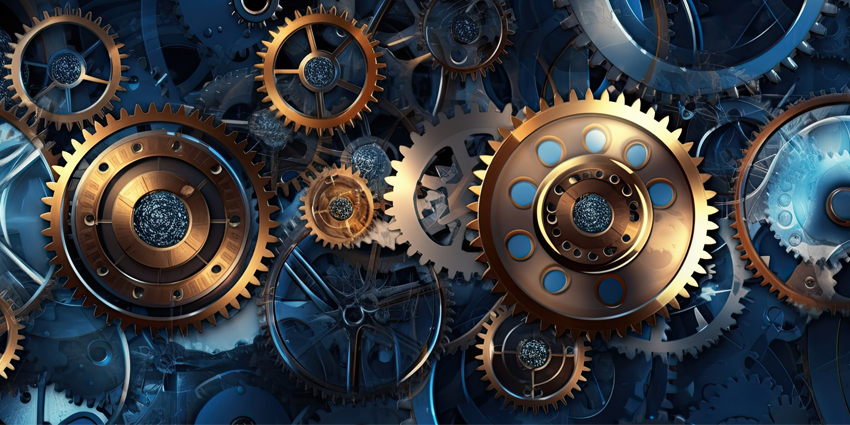 futuristic abstract background with interlocking gears and cogs, symbolizing innovation and the intricacies of technology panorama