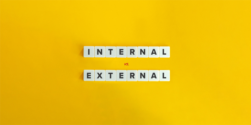 Internal vs. External Locus of Control. Letter Tiles on Yellow Background. Minimal Aesthetic.