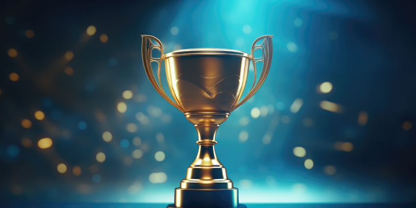 Gold trophy cup on blue abstract background