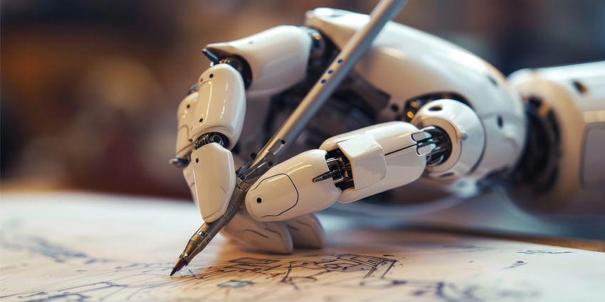 A robot hand draws a blueprint on paper, artificial intelligence draws