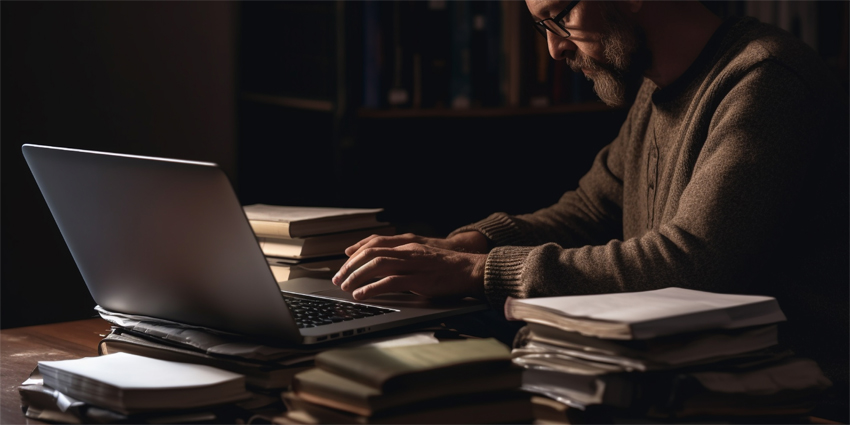 One man studying literature indoors with laptop and book generated by AI