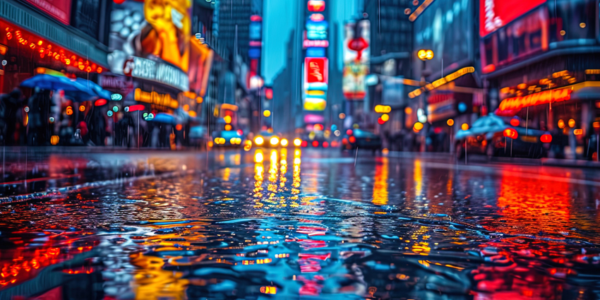 Wet asphalt gives the city landscape a hypnotizing look, reflecting the brilliance of advertising