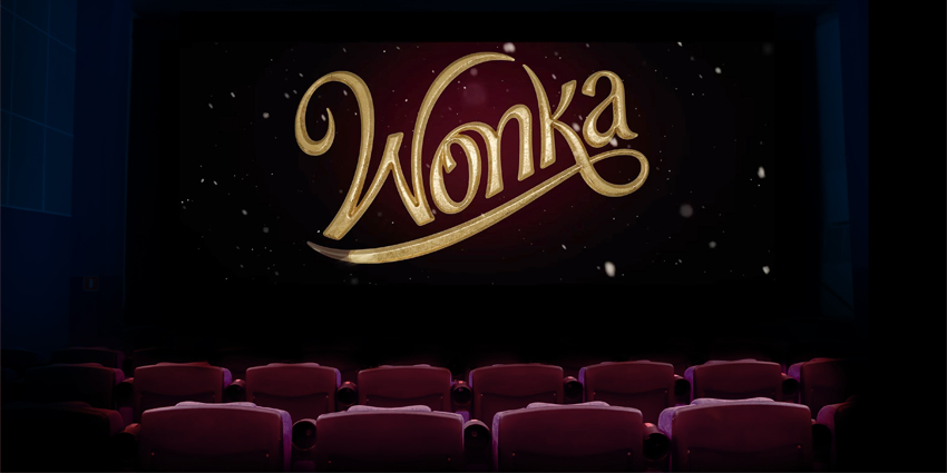 Wonka graphic on a cinema screen