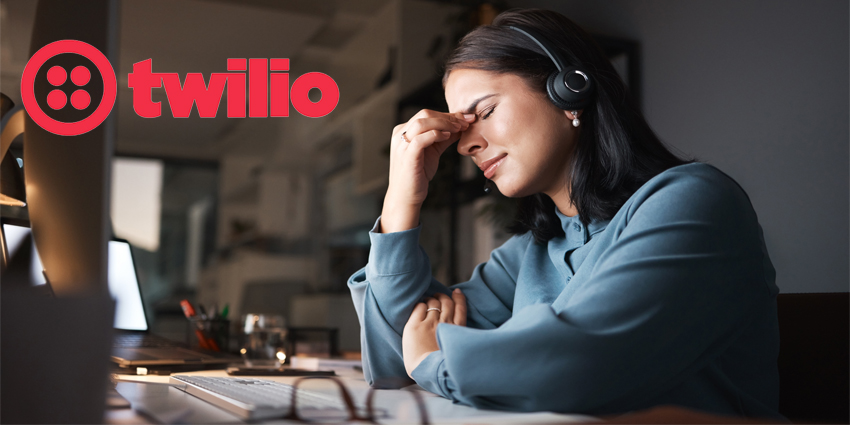 Stress, burnout and overtime, woman in call center with headache at crm office desk.