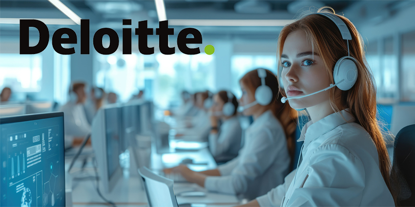 Call center with futuristic design with human AI assisted employees, showcasing the next generation of customer service. Generative AI.