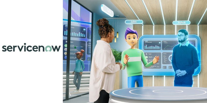 Corporate Business Meeting in Virtual Reality Office. Real Female Manager Standing Next to Two Avatars of Colleagues, and a Hologram of Another Specialist.