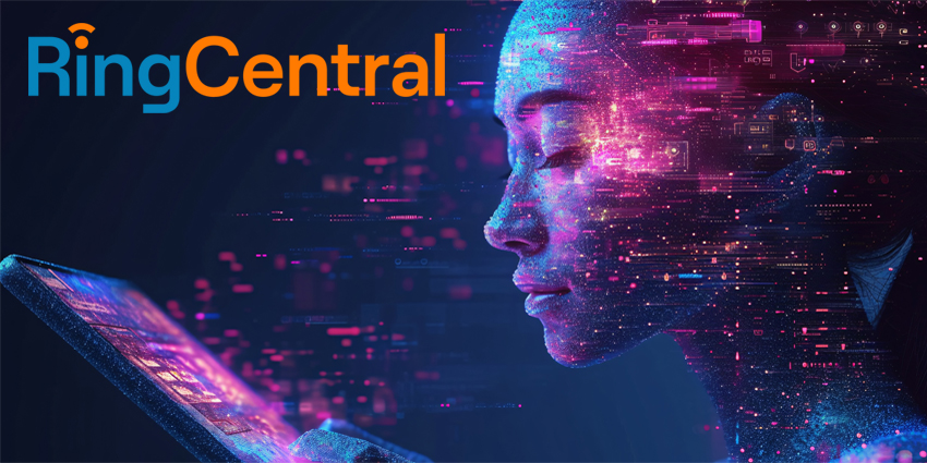 An AI chatbot communicates with a tablet user in a cyberpunk setting, featuring shades of purple and blue.
