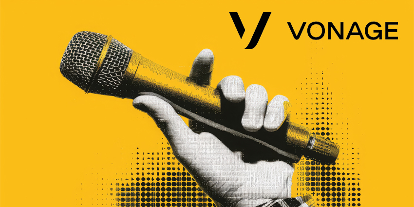 A hand holds a microphone. Collage element in halftone effect. Pop art illustration on bright yellow background. Vector png.