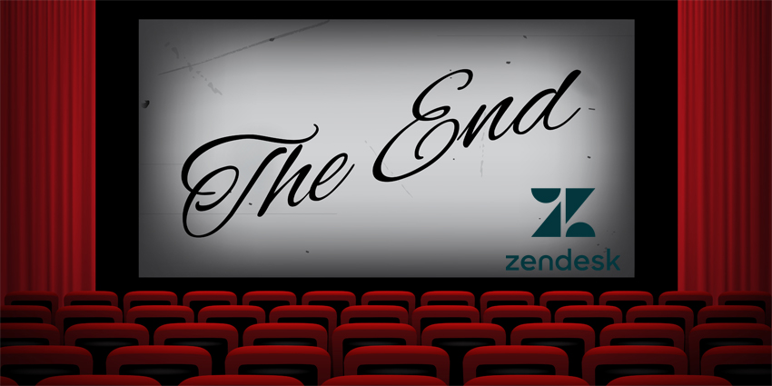 Movie theatre with THE END text on white screen, red curtains and chairs.