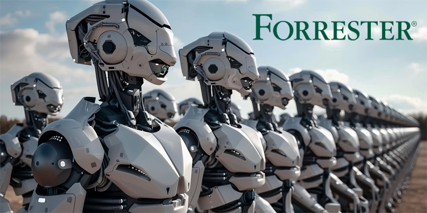Killer robots for future warfare. An army of cyborgs outdoors in the field. The concept of future warfare