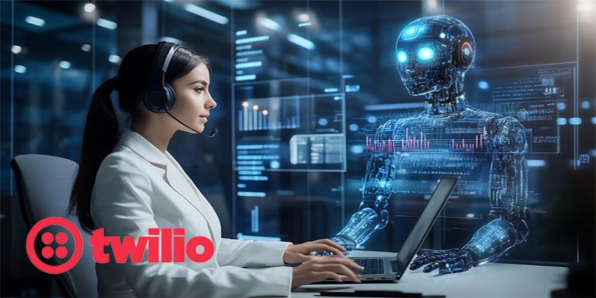 A female customer service representative working alongside a robot. They are both using laptops and wearing headsets.