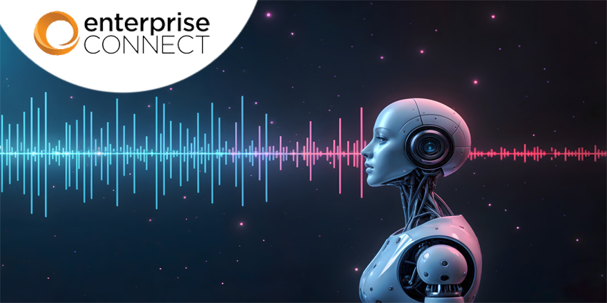Futuristic AI voice agent processing sound waves in a digital space