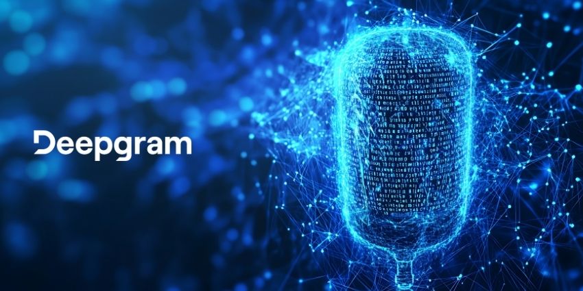 Picture of a microphone with Deepgram logo to the side