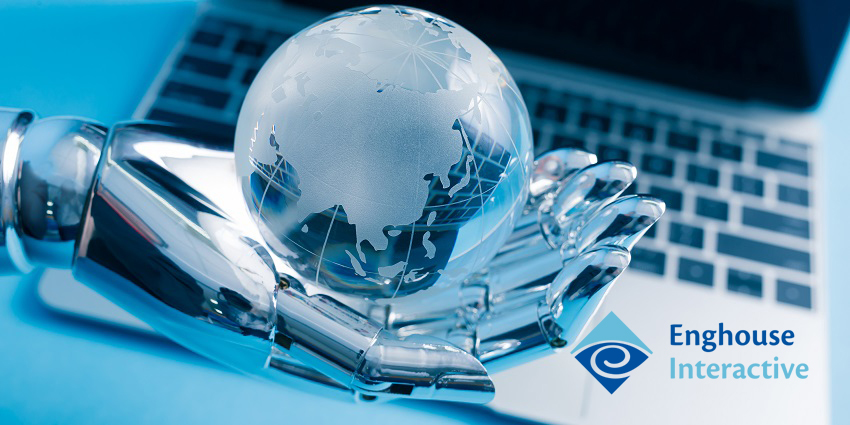 Crystal ball being held next to laptop by robot hand
