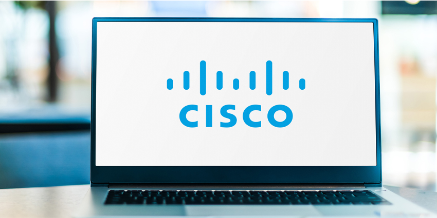 Laptop computer displaying logo of Cisco