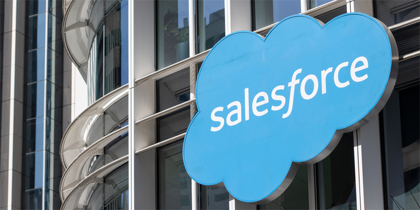Salesforce logo is seen on the facade of Salesforce Tower at its headquarters in San Francisco, California. Salesforce, Inc. is a cloud-based software company