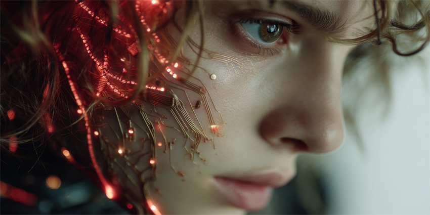 Close-up of a person's face blending organic and technological elements, curly hair, light-colored eyes, intricate red-lit circuitry patterns, cyborg-like hybrid, glowing metallic components