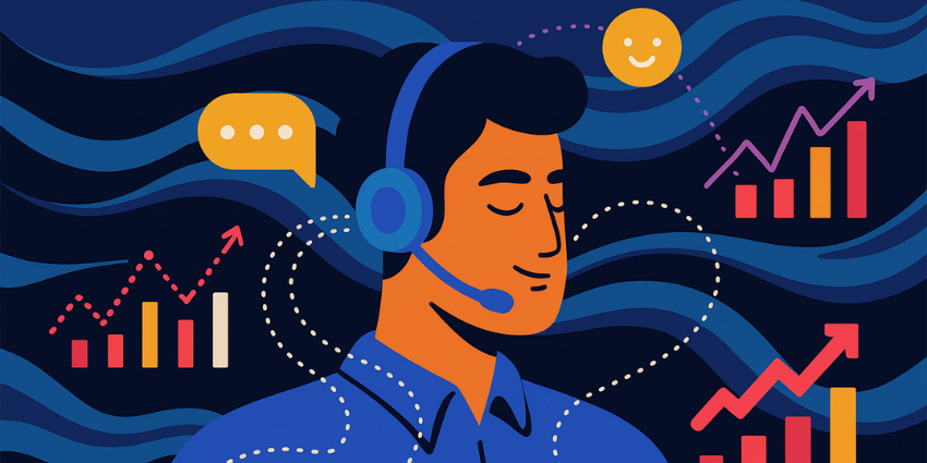 A support agent using proactive customer service tools with charts showing rising performance and customer satisfaction.