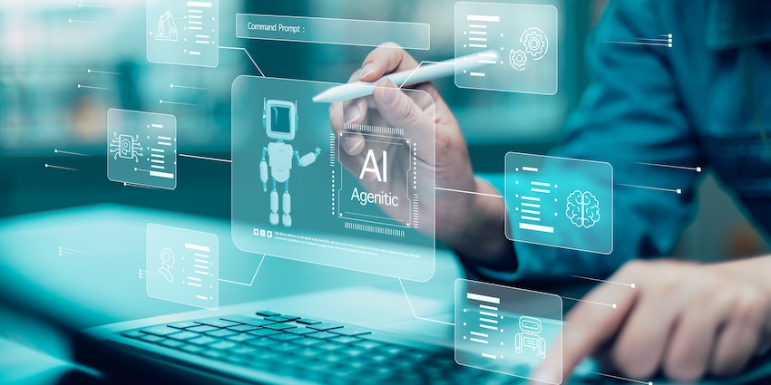 Digital interface showing agentic AI and autonomous agent controls on a laptop screen in a modern workspace