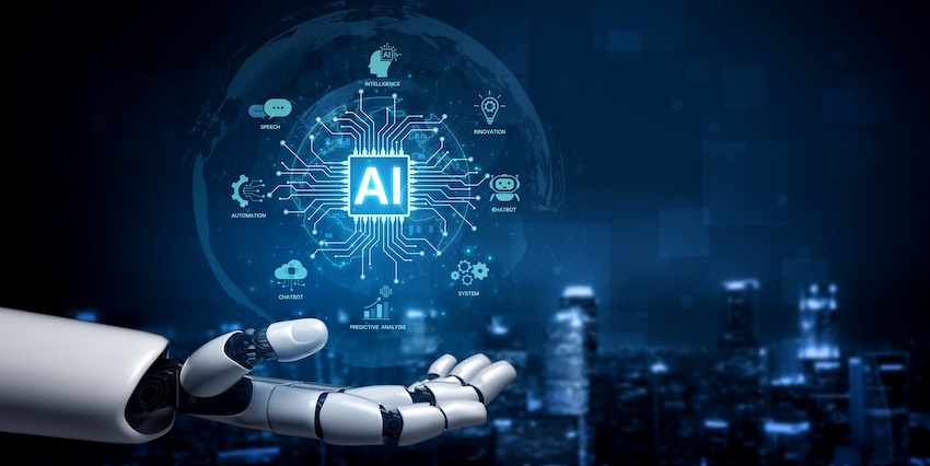 Robotic hand presenting an AI interface with automation, analytics, and chatbot icons over a city skyline