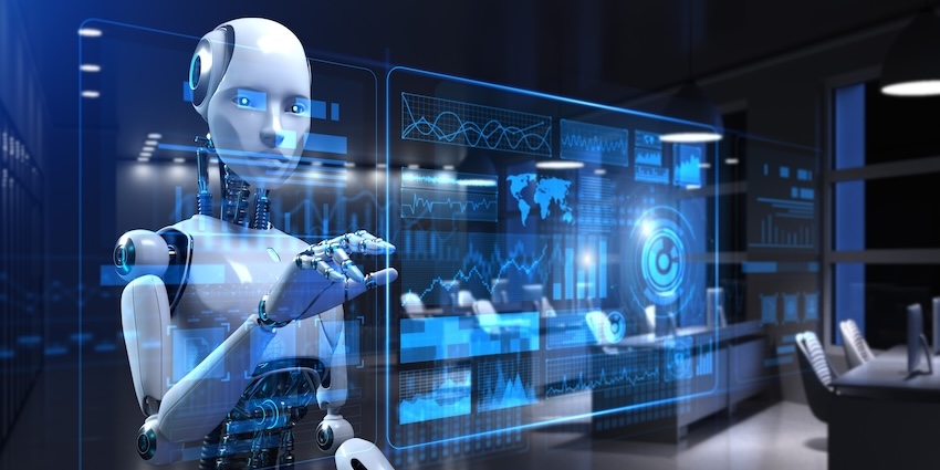 A humanoid robot interacting with a digital analytics dashboard displaying charts, metrics, and global data visualisations.