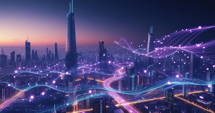 Futuristic smart city with glowing data streams representing AI transparency, digital connectivity, and real-time data flow.