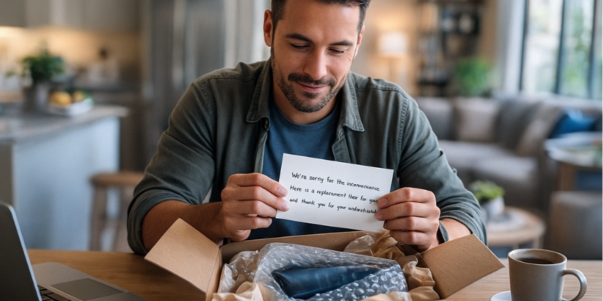 Customer opening a package containing a proactive apology note and replacement item, showing trust-building service.