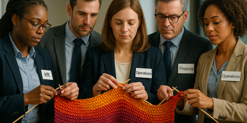 Illustration showing ERP systems weaving finance, supply chain, HR, and CX data into a unified workflow.