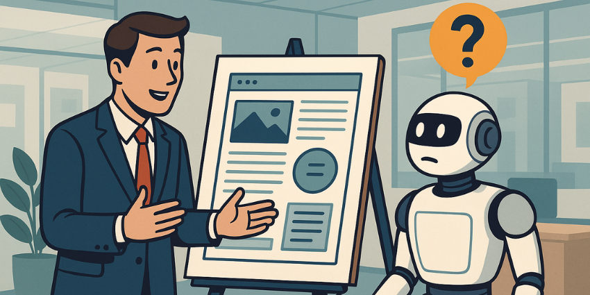 A marketing manager pitches an idea to a robot, who doesn't understand work that isn't AI-optimized.