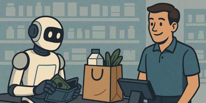 A machine customer prepares to m ake a purchase from a human salesperson