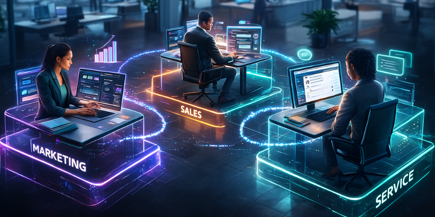 Members from the marketing, sales, and service teams connect for better customer experience.