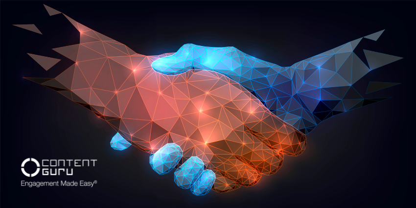 Digital handshake symbolizing CX leaders building trust and transparency in managing and protecting CX data with Content Guru logo